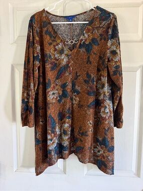 Apt. 9 Brown Floral V-Neck Long Sleeve Tunic with Silver Metal Ring Accents